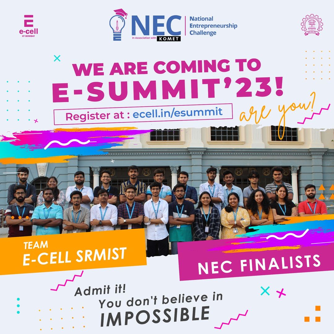SRM_Univ's tweet image. We are proud to announce that E-Cell, SRMIST is going to represent SRM Institute of Science and Technology in the final round of the National Entrepreneurship Challenge at E-SUMMIT&apos;23.

#SRMIST #ecell #Entrepreneurship