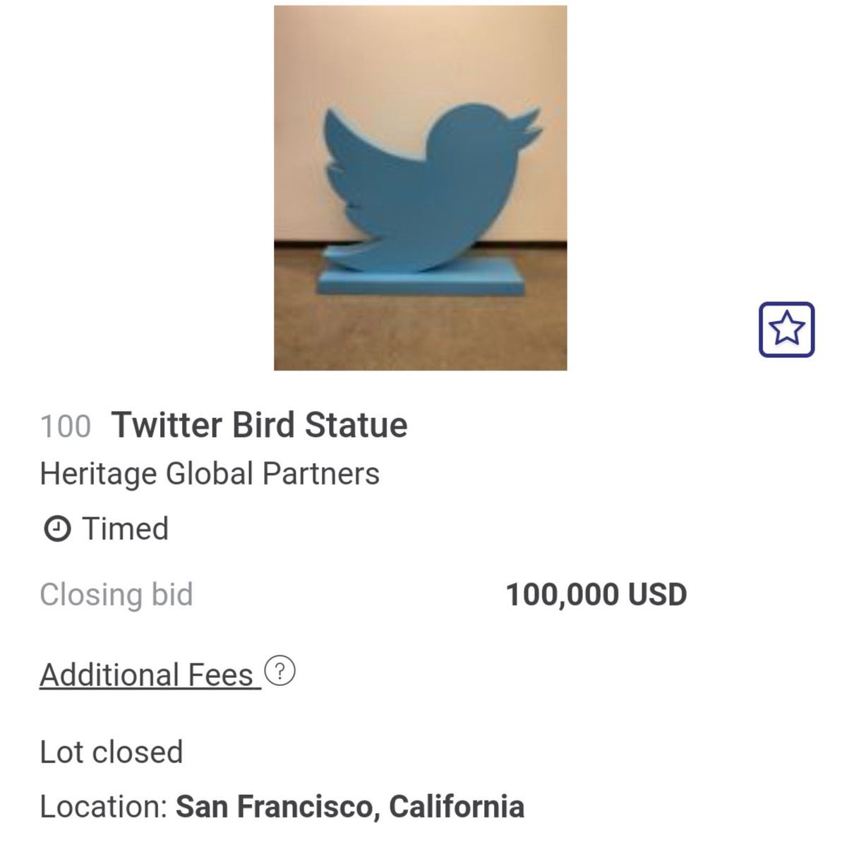 Read more about the article UPDATE: The Twitter Bird Statue sold for $100,000 at the San Francisco Office Au