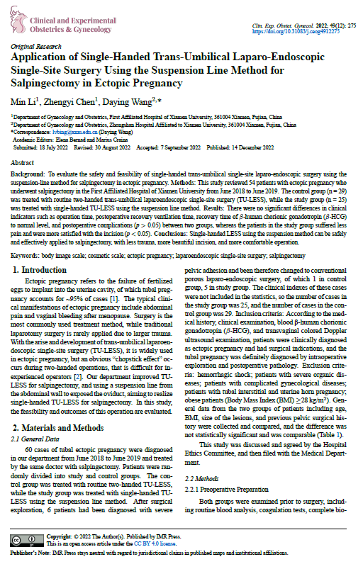 AdelaHim's tweet photo. #CEOG #IMR_Press; #OpenAccess

Welcome to read this article:
Application of Single-Handed Trans-Umbilical #Laparo-#Endoscopic Single-Site Surgery Using the Suspension Line Method for #Salpingectomy in Ectopic #Pregnancy

👉 Please see more detail at:
https://t.co/puETlGmtEB https://t.co/RADNPlg7ud