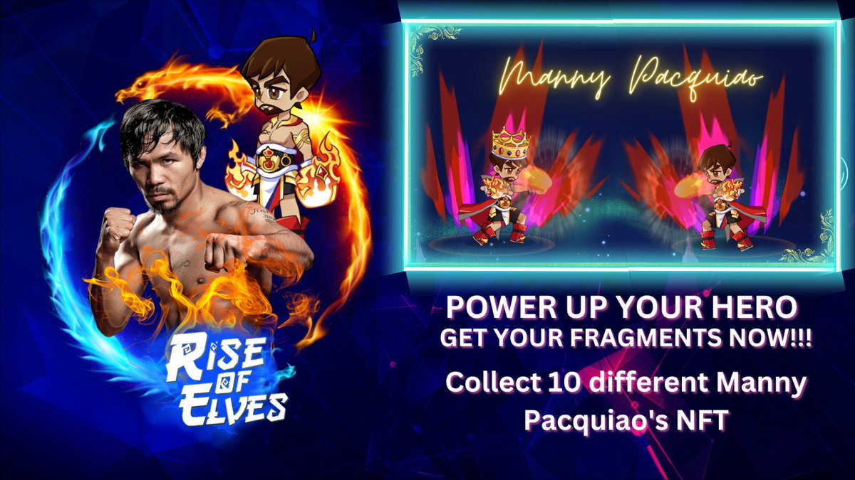 rise_of_elves's tweet photo. Manny Pacquiao NFT Premier Sale!!!

This Event is only available for a limited time, so grab your fragment now before it sells out.

Power Up your Hero "Manny" 🥊

EVENT LINK : https://t.co/scNnW7Em09

Website
https://t.co/0m0uVT9Ua6

#NFT #Bitcoin #MATIC #Polygon #Pacquiao #ROE https://t.co/bodEqWb1iP