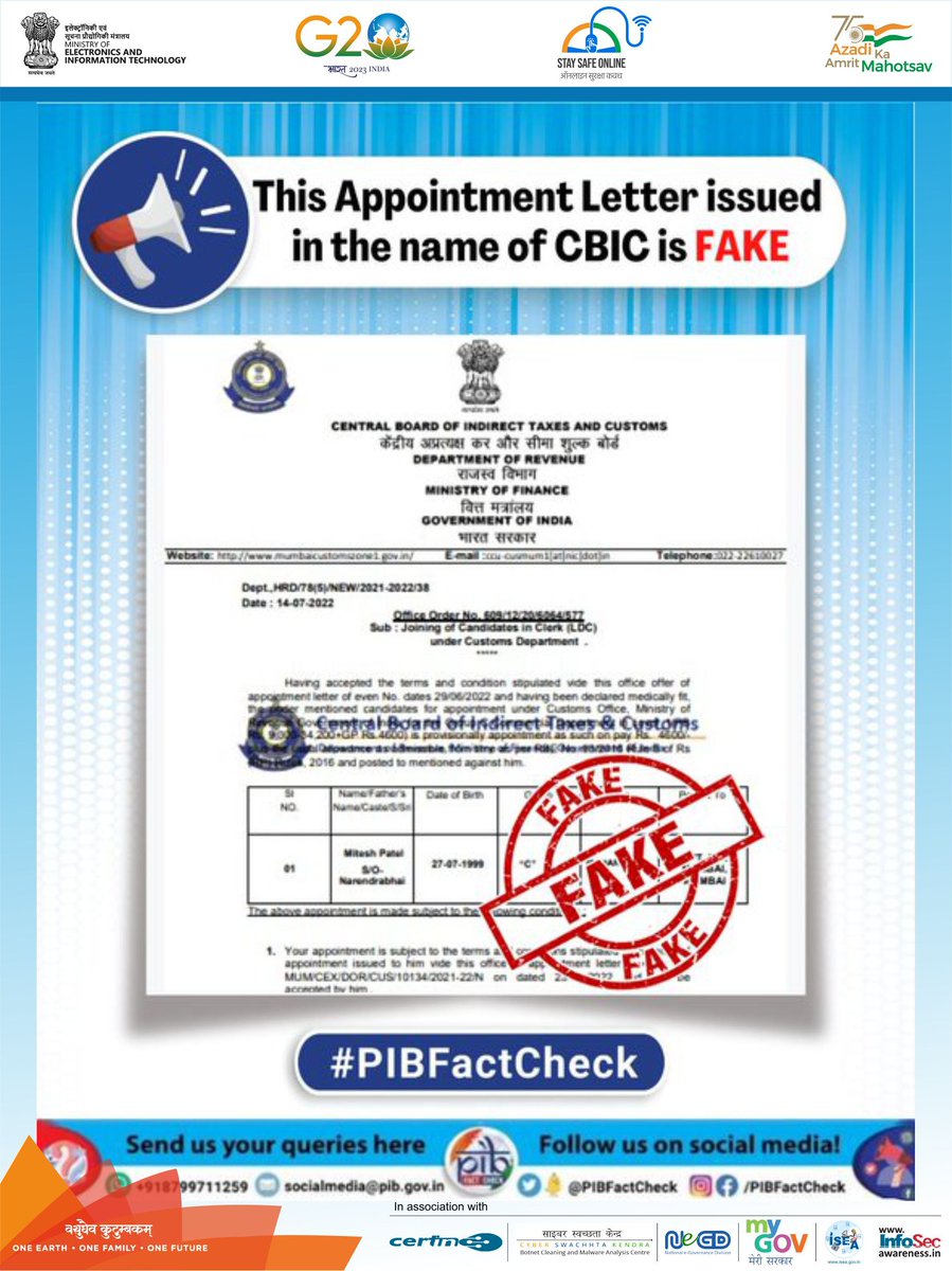 InfoSecAwa's tweet image. #StaySafeOnline #infosecawareness
Fake appointment letter #Fake #fakenewsalert
For more details visit: staysafeonline.in 
#G20India #cybersecuritytips