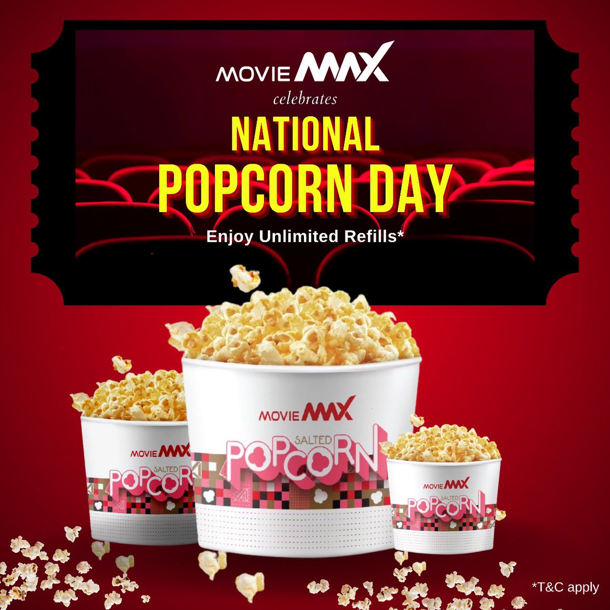 moviemaxoffl's tweet photo. As you watch your favourite movies at #MovieMax, enjoy unlimited refills on your popcorn tub this #NationalPopcornDay🍿! #MaxDose of entertainment awaits with #MaxPopcorns. Book your tickets now. Link in bio. 
#Popcorn #PopcornDay #Offers #OffersOfTheDay #MovieMaxOfficial https://t.co/A1uViQ4NdP