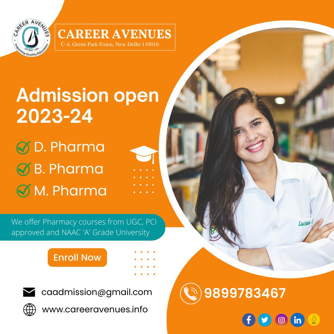 Study revolutionary Pharma Research and Explore Pharmaceutical Science.

Enroll yourself at Career Avenues today!!
#Education #DiplomainPharmacy #MasterinPharmacy #Pharmacy #Pharmacy #MPharma #BPharma #DPharma #CareerinPharmacy #admissionopen #learn #remotelearning #students