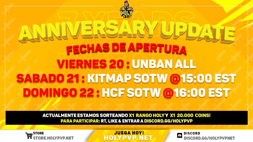 Debido a que este 𝐒𝐚𝐛𝐚𝐝𝐨 va a ser la 𝐀𝐧𝐧𝐢𝐯𝐞𝐫𝐬𝐚𝐫𝐲 𝐔𝐩𝐝𝐚𝐭𝐞 de <a href="/holypvpnet/">HolyPvP 🏰</a> 🍾

Voy a estar sorteando lo siguiente 🎂

🎁 x1 Holy Rank
🎁 x1 20.000 COINS 

Recuerden dar 𝐑𝐓, 𝐋𝐢𝐤𝐞 y entren a discord.gg/holypvp para 𝐏𝐀𝐑𝐓𝐈𝐂𝐈𝐏𝐀𝐑