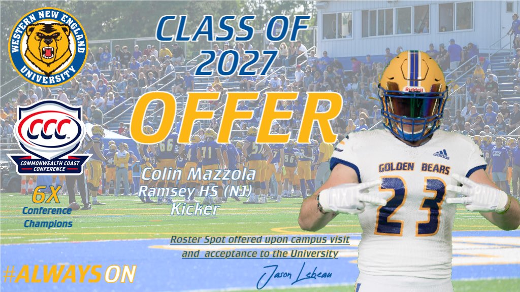 Colin Mazzola (@mazzola_colin) on Twitter photo After a great call with <a href="/Coach_Lebeau/">Jason Lebeau</a>, I’m honored to have received an offer from Western New England <a href="/WNEFB/">WNE Football</a>! Special thanks to <a href="/coach_cdunn/">Coach Connor Dunn</a> & <a href="/CoachWollenberg/">Patrick Wollenberg</a> as well! #GB23RS After a great call with <a href="/Coach_Lebeau/">Jason Lebeau</a>, I’m honored to have received an offer from Western New England <a href="/WNEFB/">WNE Football</a>! Special thanks to <a href="/coach_cdunn/">Coach Connor Dunn</a> & <a href="/CoachWollenberg/">Patrick Wollenberg</a> as well! #GB23RS