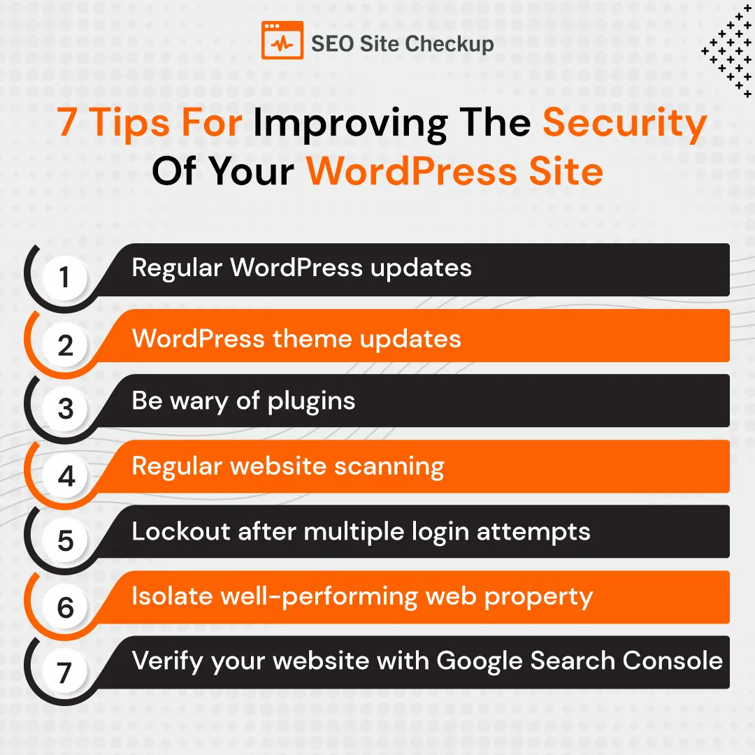 Seositecheckup's tweet image. While #WordPress is a relatively safe #contentmanagementsystem (CMS), the platform isn’t entirely free of potential #securityissues.

Here are seven tips for improving the #security of your WordPress #website.

#seositecheckup #plugins #seo #seotools #seoaudit #seorankings