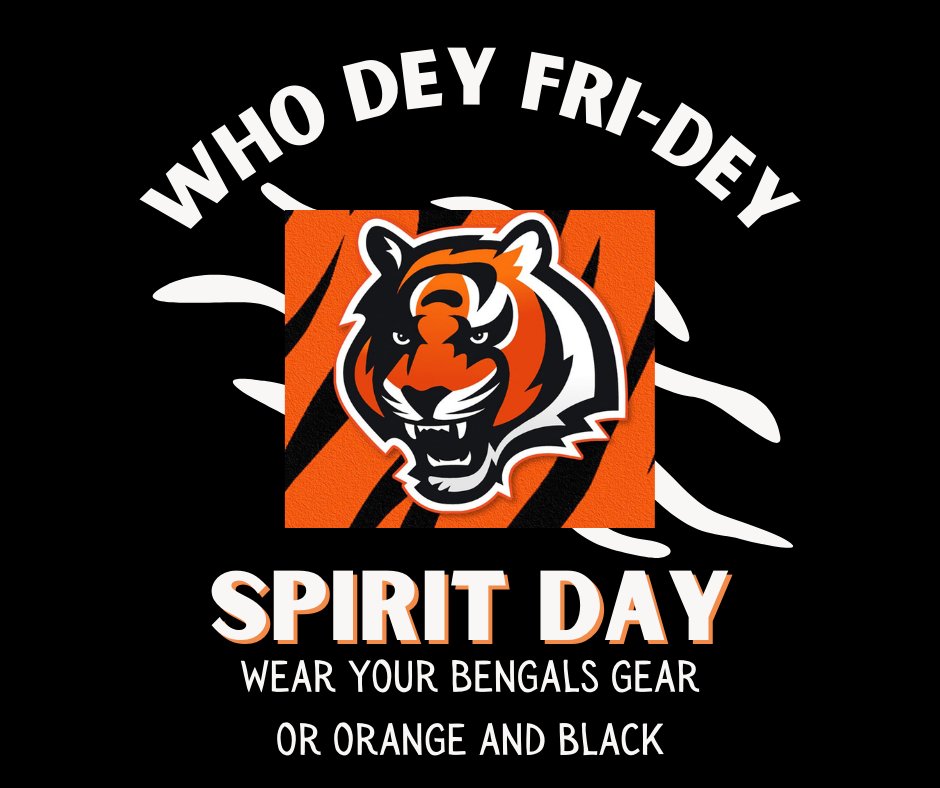maddux_pto's tweet photo. This Friday, 1/20, will be Who Dey Fri-Dey! Wear your Bengals gear or orange and black to cheer the @Bengals  on to another victory! #WhoDey #RuleTheJungle #RuleThePlayoffs https://t.co/RtUUbmGq1C