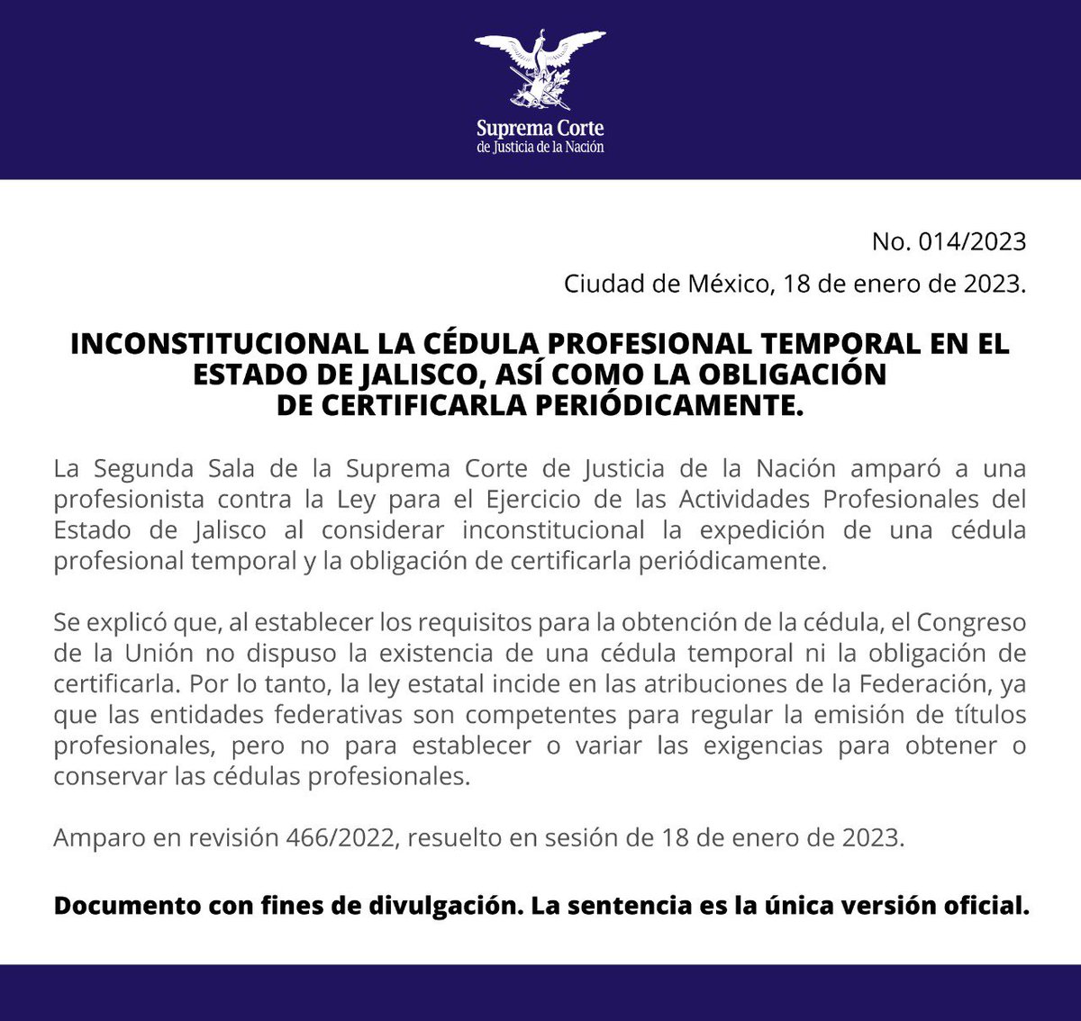 SCJN's tweet photo. #COMUNICADO
Es inconstitucional la cédula temporal y la certificación obligatoria impuesta a quienes ejerzan actividades profesionales en #Jalisco: #SegundaSalaSCJN

🔗 https://t.co/SByOjjzd37 https://t.co/fq656wyjeT