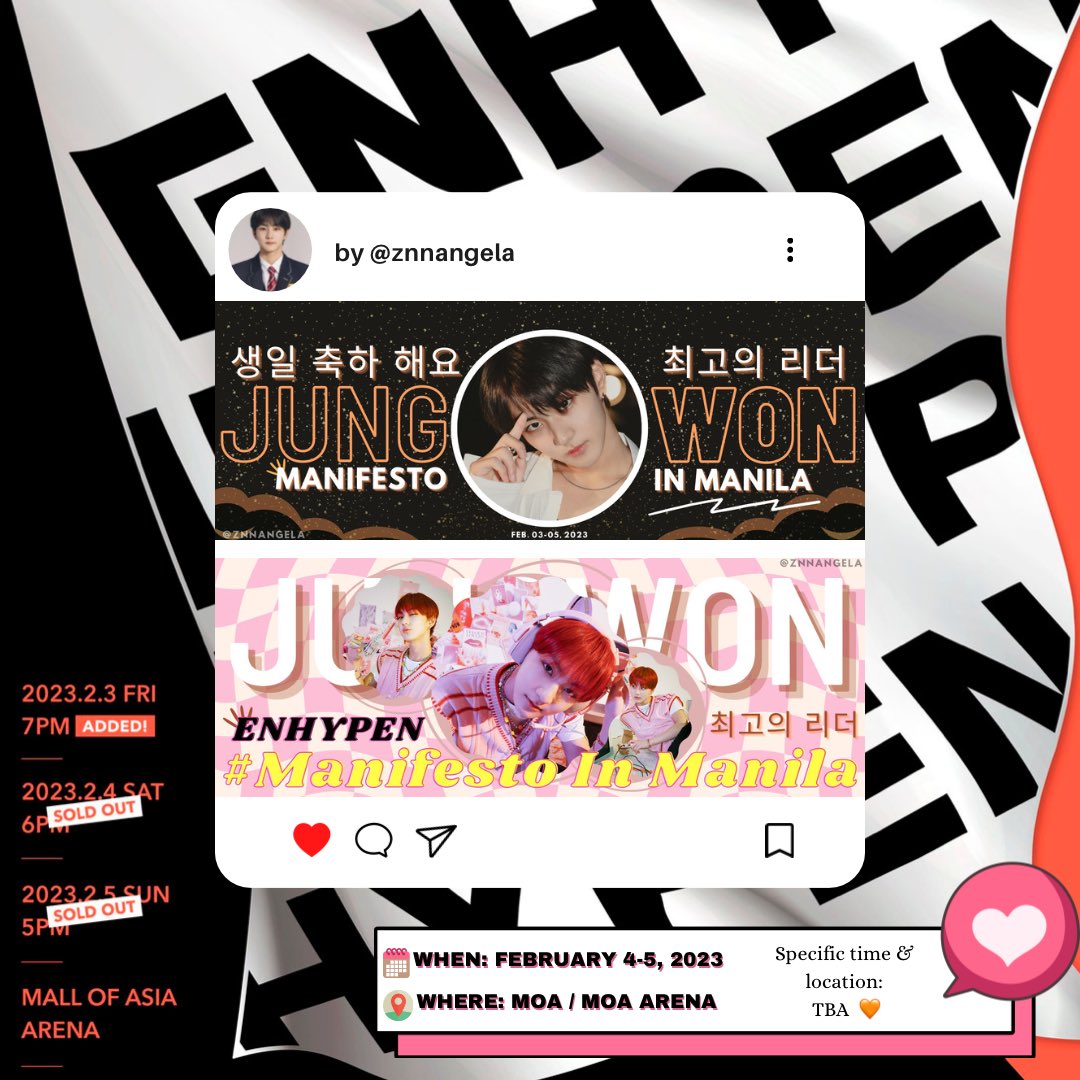 znnangela's tweet photo. ENHYPEN #MANIFESTO_IN_MANILA FREEBIE
— fan support by @znnangela 

Hello, ENGENES! I’ll be giving away free Jungwon Hand Banners on Feb. 4-5 🧡✨

🐱 like &amp; rt
🐱 can 1:1 ratio, open for trades
🐱 specific time &amp; loc: tba

See you there! 🎀 https://t.co/Wm4e56cnVq