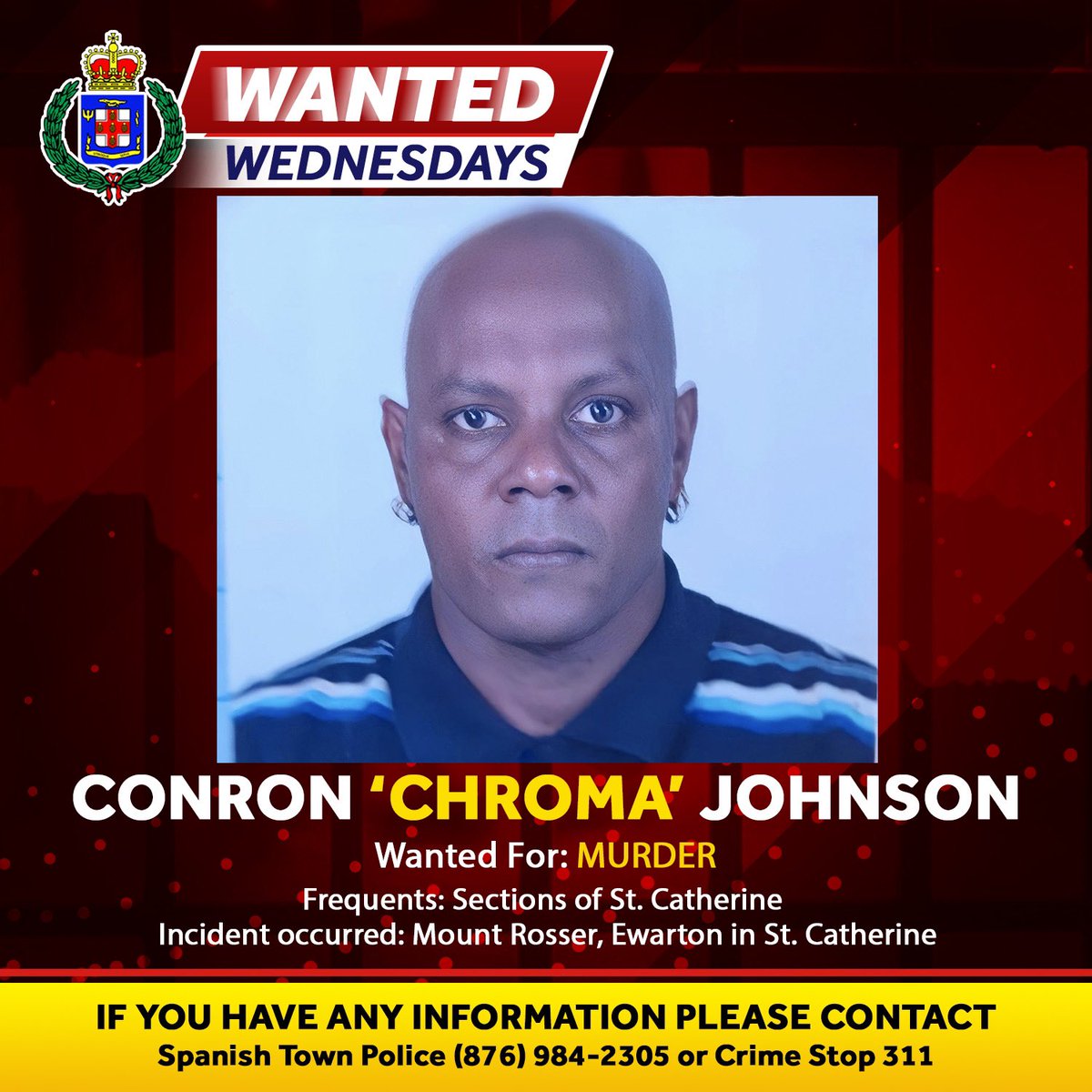 JamaicaConstab's tweet photo. Conron Johnson is wanted for murder. If you know where he is, tell us. Don’t harbour him in your community; he should be behind bars. #wantedwednesdays https://t.co/ZW4RTthbfY