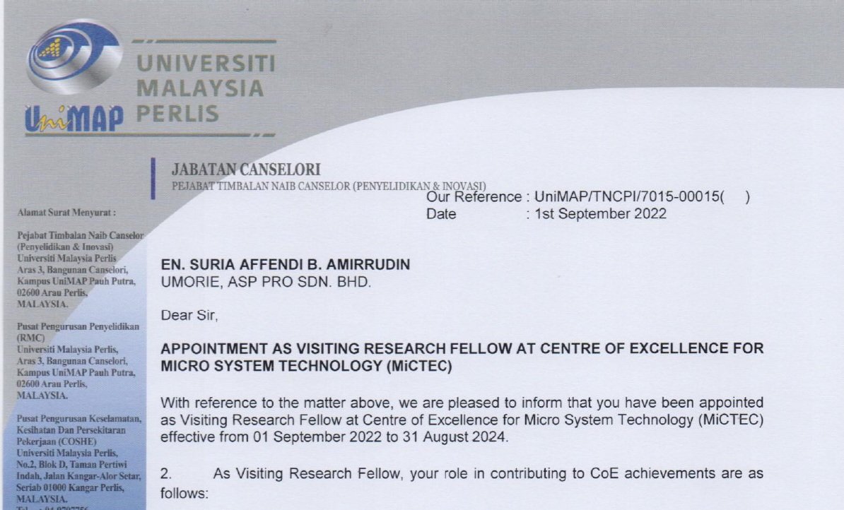 Alhamdulillah. I have been appointed as a Visiting Research Fellow at the Centre of Excellence for Micro System Technology (MiCTEC), Universiti Malaysia Perlis.

Thank you for this opportunity. I will bring Universiti Malaysia Perlis to a greater height.

#umorie
#GoEV