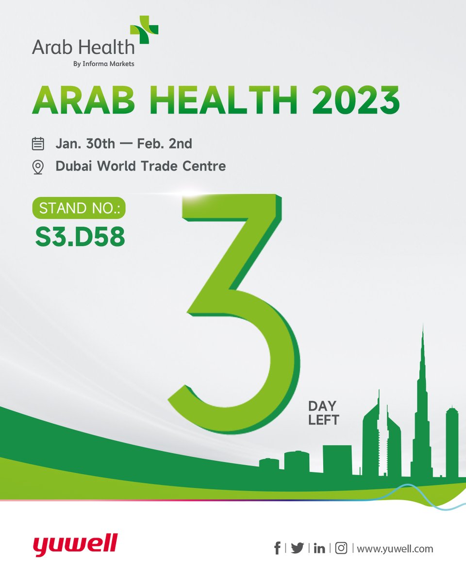 Yuwell78216250's tweet image. Countdown 3 days⏳⏳
Visit Yuwell at #ArabHealth2023 in Dubai World Trade Centre from Jan.30th to Feb.2nd.
Stand No.: S3 D58
Address:Dubai World Trade Centre
Look forward to meeting you all soon!
@Arab_Health  #Yuwell #Oxygenconcentrators #Bloodpressuremonitor #BreathcarePAP