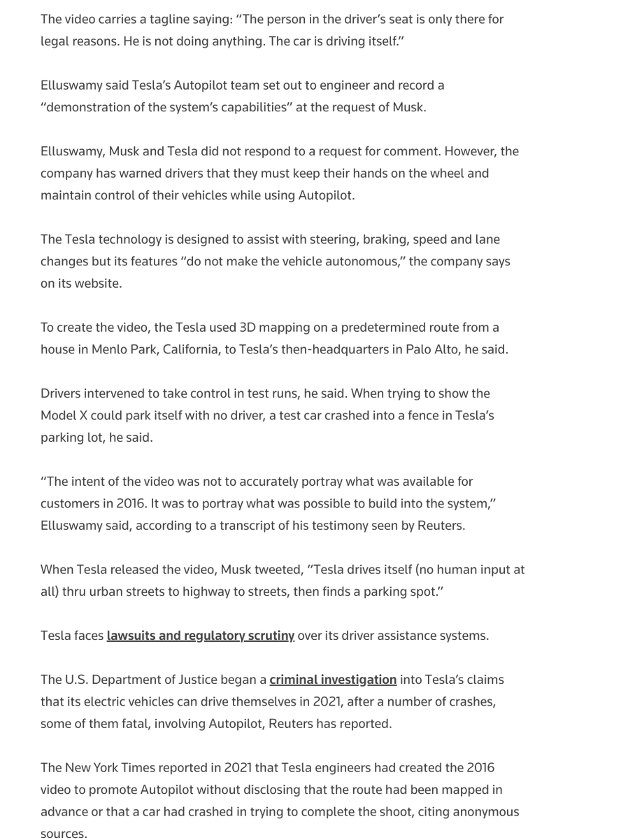 zeynep's tweet photo. "When Tesla released the video, Musk tweeted, 'Tesla drives itself (no human input at all) thru urban streets to highway to streets, then finds a parking spot.'”

Turns out the video was faked, using 3D-mapped fixed route—and the car still crashed parking.
https://t.co/iLc1Fxt9wL https://t.co/YKCHGJ2mWB