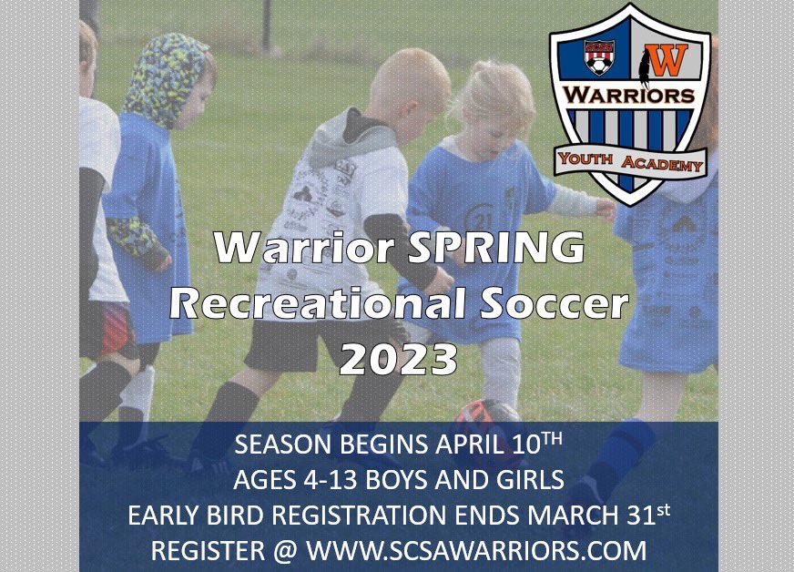 Registration is now open for Whiteland youth soccer!  Register at scsawarriors.com