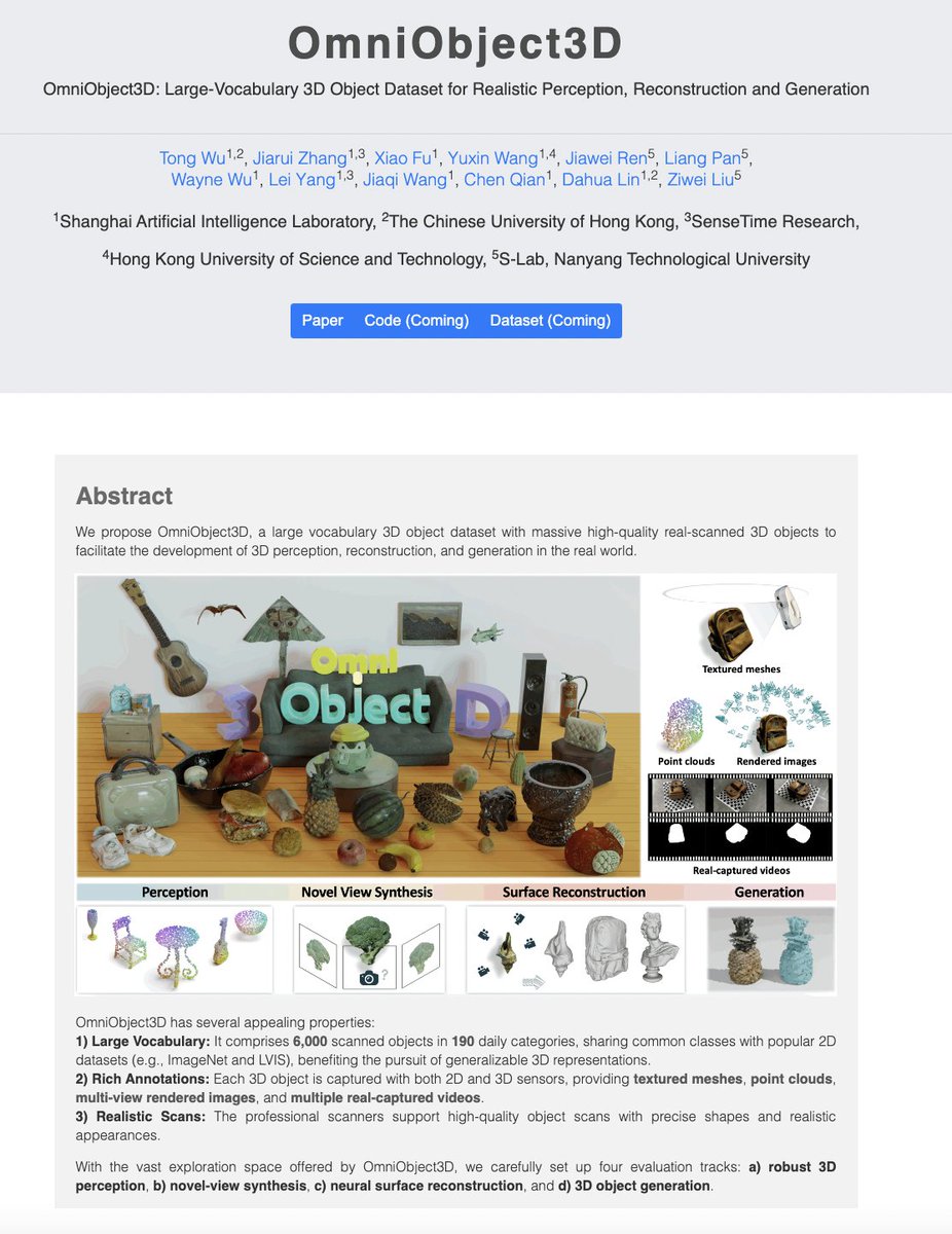 _akhaliq's tweet image. OmniObject3D: Large-Vocabulary 3D Object Dataset for Realistic Perception, Reconstruction and Generation
 
abs: arxiv.org/abs/2301.07525 
project page: omniobject3d.github.io