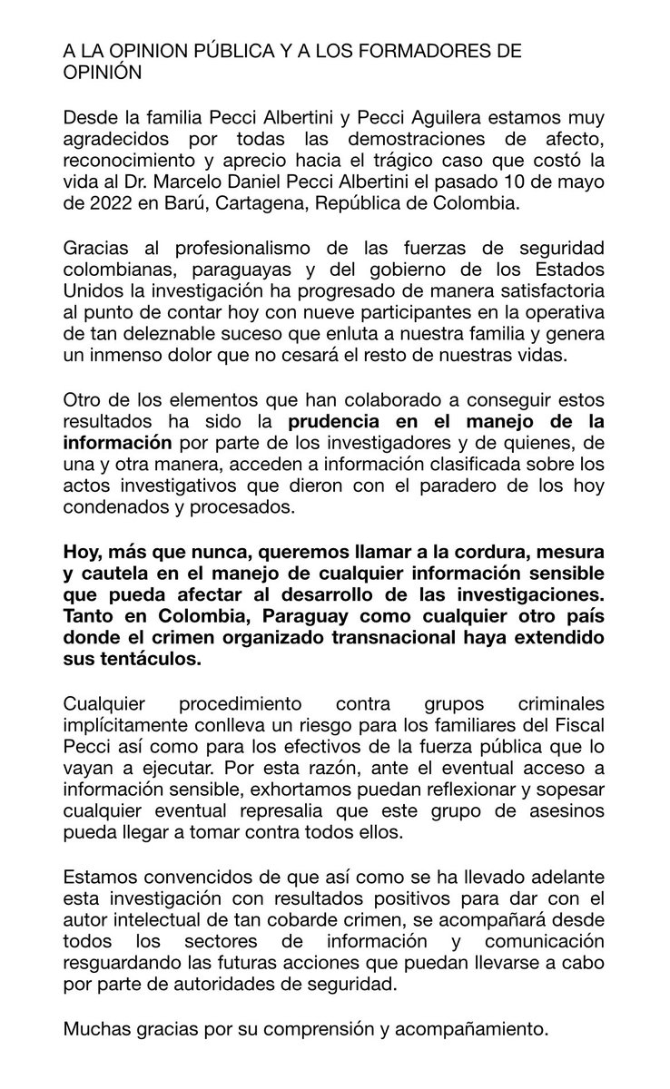 SebAcha's tweet photo. Desde las familias Pecci Albertini y Pecci Aguilera agradecemos puedan compartir este comunicado y acompañar con prudencia la investigación de las autoridades en el caso que investiga al autor intelectual del fiscal Marcelo Pecci. Desde ya extendemos nuestra gratitud a todos https://t.co/zo9XjZGLcn