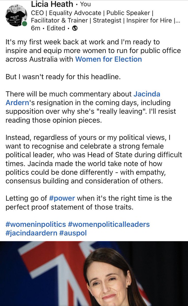 Thank you @jacindaardern. Let’s celebrate a strong female political leader & her contribution to public life. Resist going down the 🐇 hole of “why” she’s resigning. She inspired many women to come to @WomenElectionOz training courses cos they watched her do things differently.