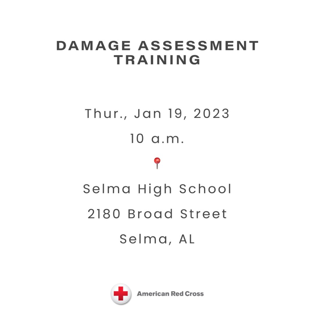 📢 ATTN: Dallas Co / Selma residents 

looking for a way to help, join us for a quick training that will introduce you to Red Cross damage assessment skills. ⛑ 

📍 Selma High School 

⏰ Thurs. 1/19 @ 10 a.m. - tomorrow