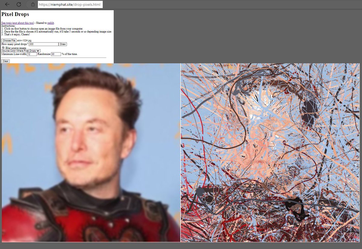 This is way too much fun... it does abstract of photos
Not AI, it uses photo as noise.
@elonmusk #generative #abstract #painting #generativeart #pixeldrops #freetool #javascript #html