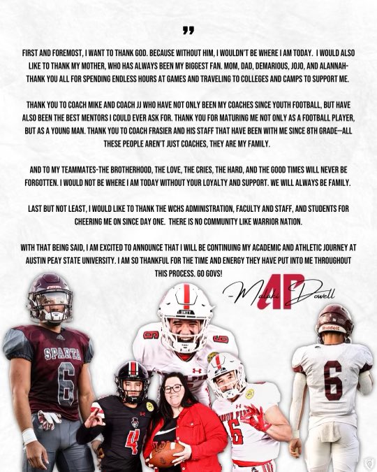 dowell_malaki's tweet photo. Thank you to all the coaches who have recruited me throughout this process. @CSmithScout @Warriors_Sparta @WCHS_Media @jakebmadethat @GovsFB @CoachMC_APSU @APSUCoachSW @Kreager @joe_spears7 @NoahMcKayUCR https://t.co/1JdHRsKRCB