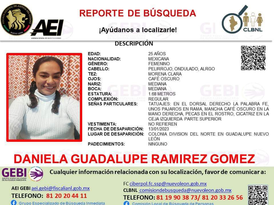 joluisgarcia's tweet photo. Se busca a Daniela Guadalupe Ramirez de 25 años. Desapareció en #Guadalupe https://t.co/nBDnaz5qn2