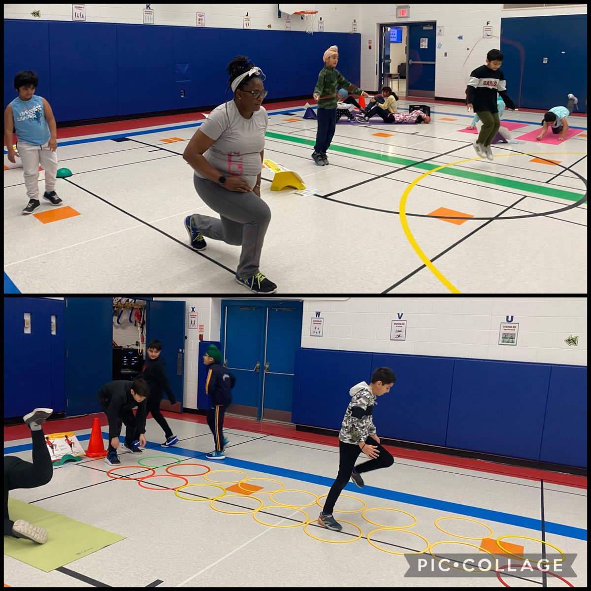 ret1974's tweet photo. #B4School fitness program started this week @MasseyStreet_PS Building a Better Body & Brain every M W F morning & learning lots @ThompsonKto12 @KirstinSchwass @Bunmiomiyale Our principal getting her lunge on w Ss @PDSBDirector @camillelogan @msmasood25 @hpe4pdsb @PeelSchools https://t.co/gurryc5dYR