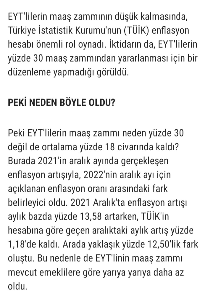 TÜİK, #EmeklilikteYasaTakıIanIar a kaybettirdi. EYT'linin maaşı önce TÜİK'in enflasyon farkı nedeniyle %12 indirildi. %30'luk zamda bu rakamın üzerine yapıldı. Detaylar ekte ki gibi... #EYThemenMeclise #TakdirMilletindir #EYTKabineyeSesleniyor #EytNeyiBekliyor #EytyiKimeSoralim