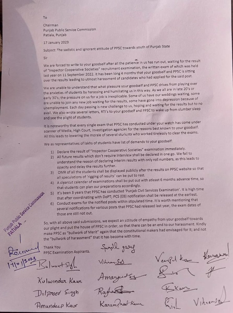 SukhpalKhaira's tweet photo. Crisis in PPSC is far from over. 
After Naib tehsilar fiasco, Now Student fraternity handed over Memorendum to PPSC to set its house in order as it failed to release the results of Inspector Cooperative Socities Exam, which is delayed for more than 4 months.Plz act @BhagwantMann https://t.co/a9AgV2jhRs