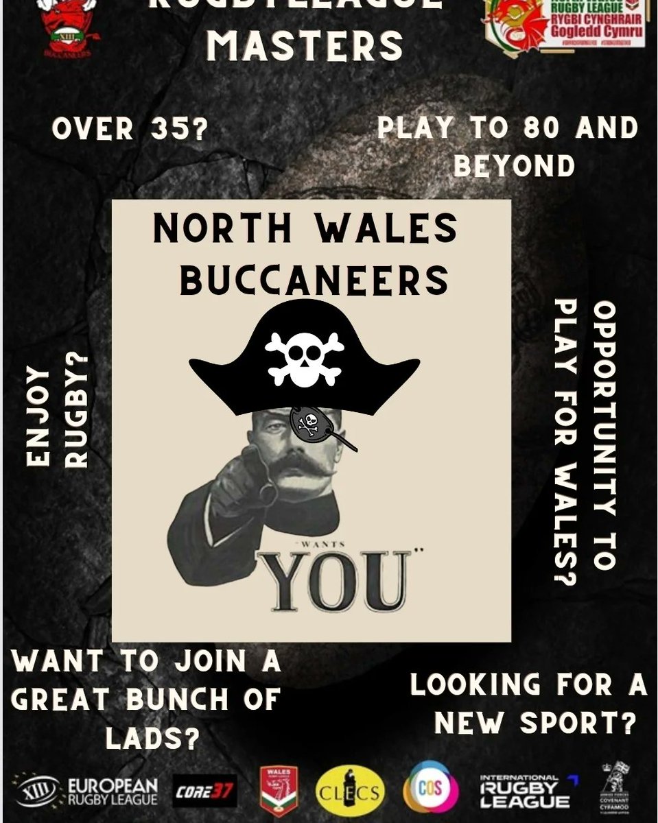 Over 35? Carry on playing beyond 80? Looking for a new sport? Want to join a great bunch of lads? Chance to play for Wales? Then look no further, join North Wales Buccaneers Masters Rugby League Modified laws dependent on age and short colour to identify age