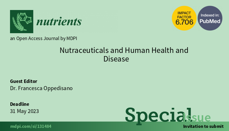 Nutrients_MDPI's tweet photo. #mdpinutrients New Special Issue "#Nutraceuticals and Human #Health and #Disease" is open! @LifesciMdpi

🧑‍🏫Guest Editor: Dr. Francesca Oppedisano 
🕑Deadline: 31 May 2023
https://t.co/RAKICuUWd6 https://t.co/1fyNoSEVHt