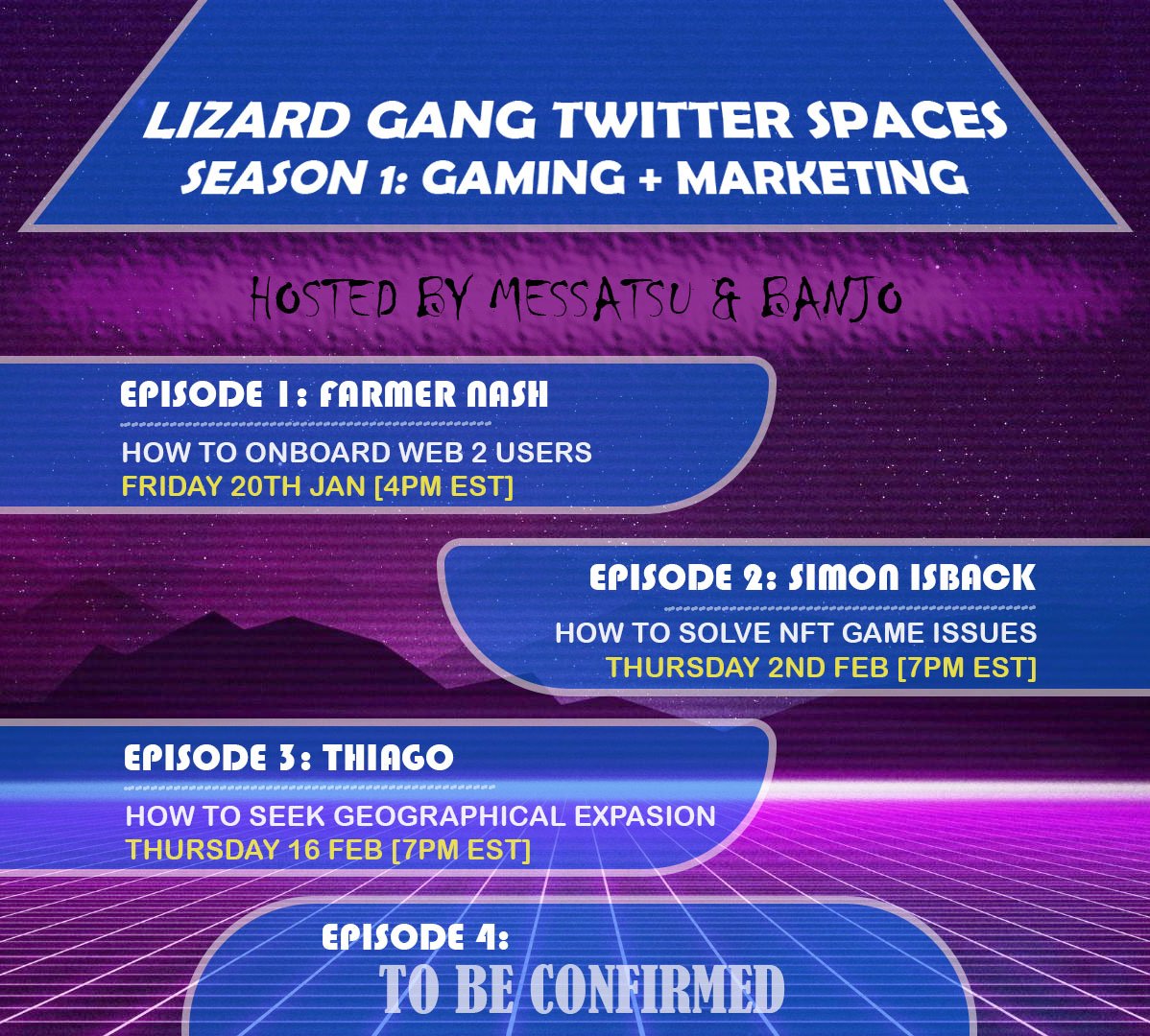 We're honored to announce our first round of Twitter Spaces! We will have a total of 3 Twitter Spaces, all the details below.

Special thanks to our guests:
@FarmerNash_, Simon Isback from @ZiberBugs and Thiago from @cardanowarriors

Join us this Friday 20th on our first event!