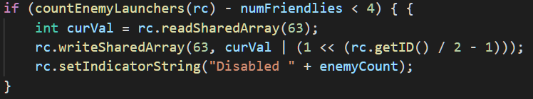 CerealCoders's tweet photo. This is one of my favorite pieces of code due to its simplicity yet effectiveness. It checks if the HQ is surrounded by too many enemy carriers to possibly handle and stops the HQ from spawning anything if this is true, keeping spawned units from getting instantly destroyed! https://t.co/ibzgU3GksG