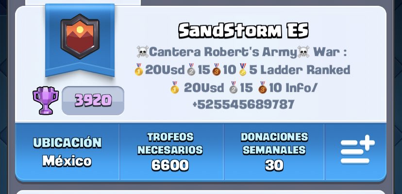 🚨Reclutamiento de Guerra para Cantera Robert’s Army 
Requisitos :
✅32 Cartas Max mínimo🃏
✅Experiencia en Guerra 4k
✅Compromiso de Jueves a Domingo

Ofrecemos:
💵 Semanales y Mensuales en Guerra
💰Pago de Ranked.   
🔝Ascenso a clanes Top
Interesados en unirse manden MD 📩