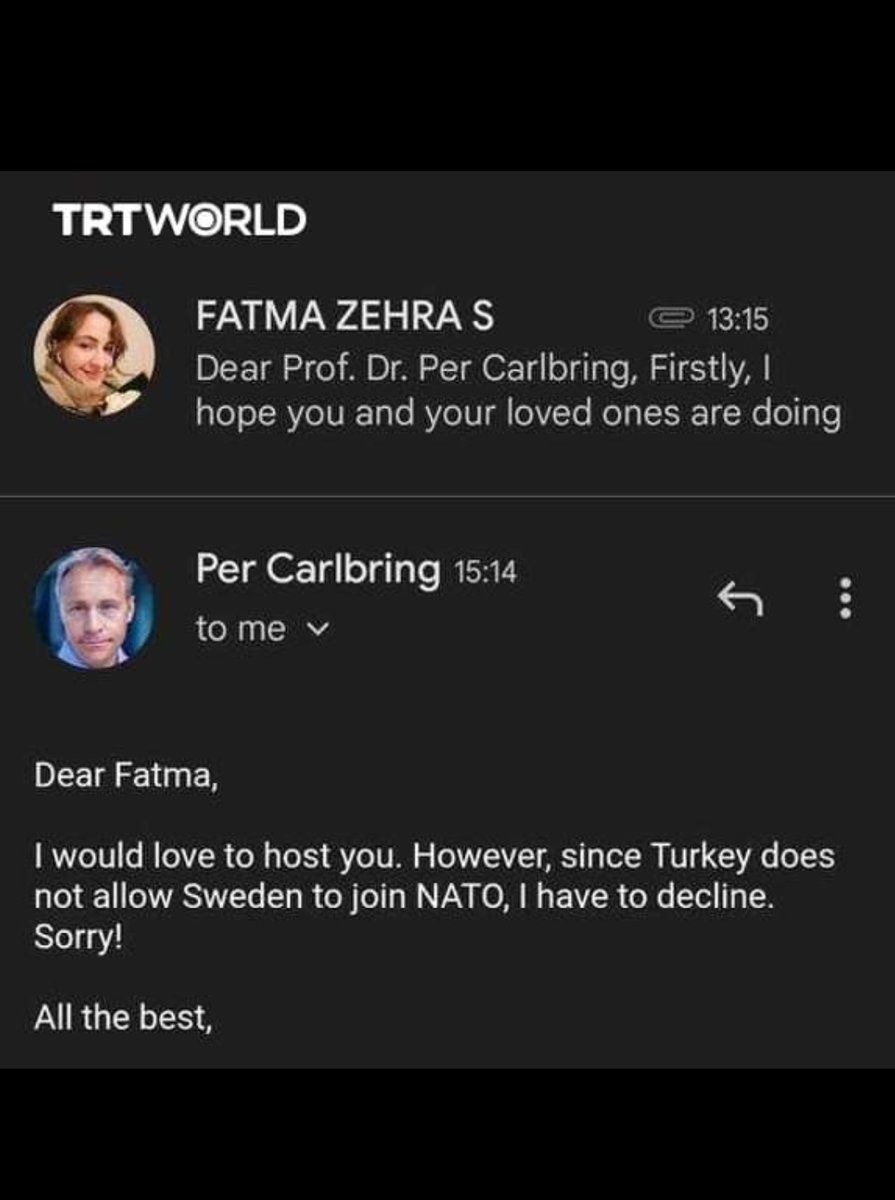 Medicomos's tweet photo. A Turkish psychology student applied for an internship at Stockholm University received a shocking response from its professor.
The professor barred her from attending an internship programme, saying he cannot host her since her country has been blocking Sweden’s entry into NATO. https://t.co/RBA9zYodF9