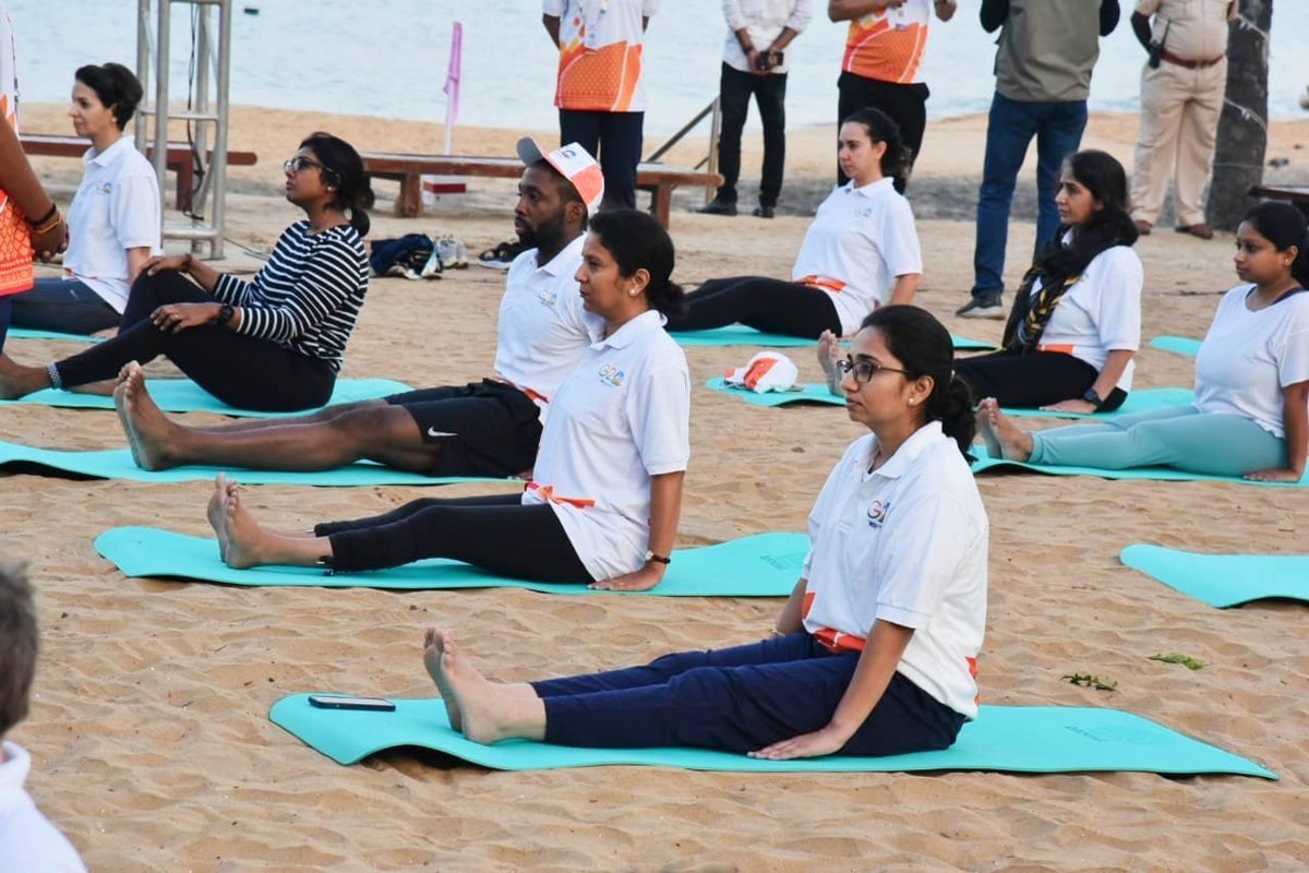 MoS Health Dr Bharati Pravin Pawar and G20 delegates who are in Thiruvananthapuram, Kerala to attend the Health Working Group meeting begin their day with a Yoga session at Kovalam beach