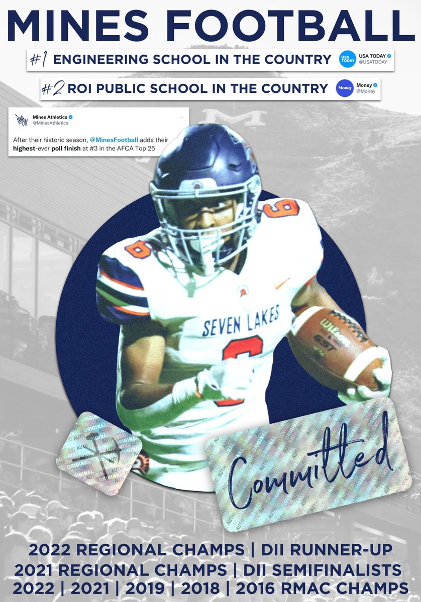 Committed!! Excited to continue my athletic and academic career <a href="/MinesFootball/">Mines Football</a>! 
<a href="/TimBrandon5/">Tim Brandon</a> <a href="/CoachDiedrick/">Ryan Diedrick</a>  <a href="/CoachAMakransky/">Anthony Makransky</a> <a href="/7LHSFootball/">Seven Lakes Football</a>