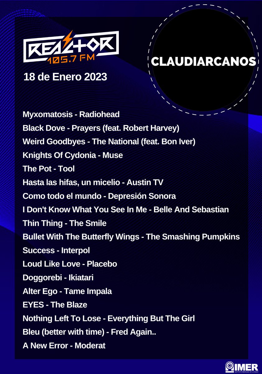 Reactor105's tweet image. Les compartimos la lista de #Claudiarcanos que @corelis sonó este miércoles 18 de enero de 18 a 20 horas 🎸🎵