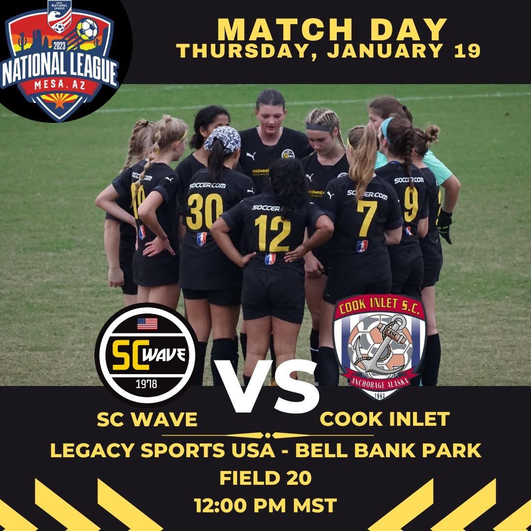 We are <a href="/SCWAVEROC/">SC WAVE</a> 2007 and we hope you can come watch us do what we love tomorrow!
⚽️ Thursday Jan. 19
⚽️ 12:00 PM MST
⚽️ @BellBankPark 
⚽️ Field 20
<a href="/RobLestina1/">Rob Lestina</a> <a href="/IanBennett26/">Ian Bennett</a> <a href="/NationalLeague/">National League</a> <a href="/ImCollegeSoccer/">College Soccer Truth ™</a> <a href="/ImYouthSoccer/">ECNL/GA/Recruiting/College Soccer</a> @ProScoreSoccer <a href="/PrepSoccer/">Prep Soccer ⚽️</a>