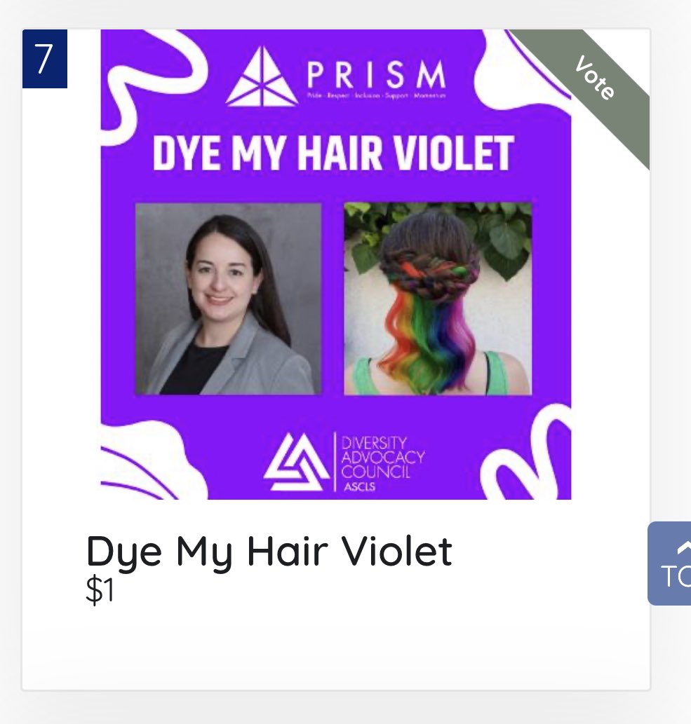 🙆🏻‍♀️🟣And Violet Wins!
T h a n k  y o u  to all who donated to the Glenda Price award during PRISM 2023!
<a href="/ASCLS/">ASCLS</a> 
Stay tuned for the transformation montage (AKA I’ll try to remember to take pictures before and after). 
#foracause #violet #makeover