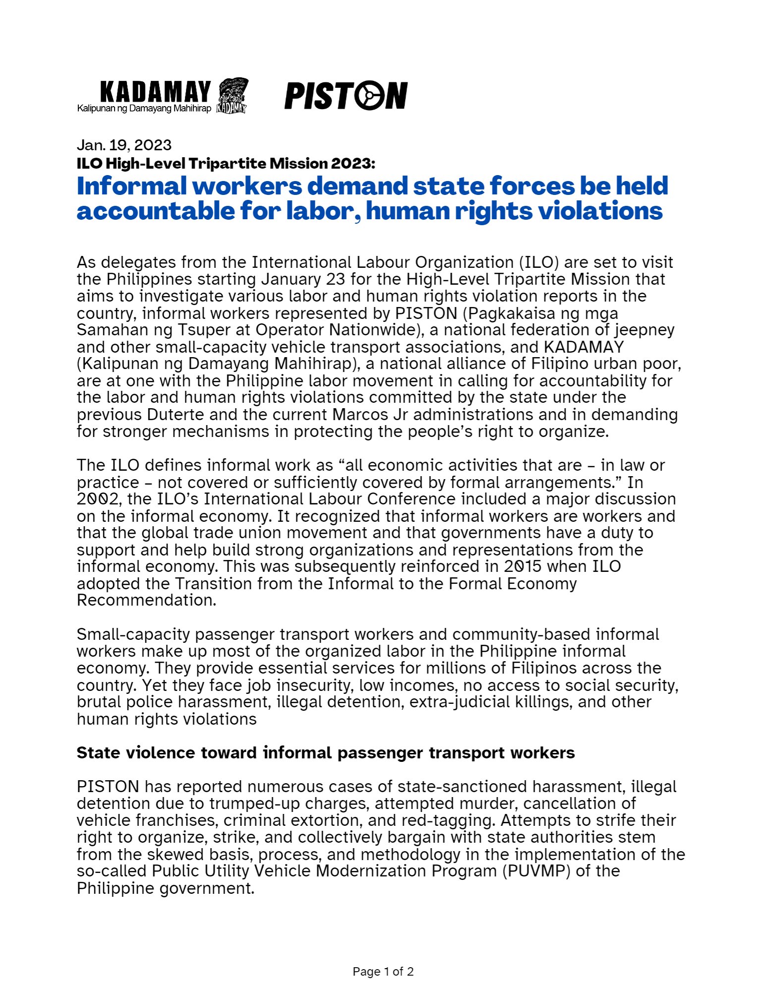 PISTON on X: &ldquo;JOINT STATEMENT Jan. 19, 2023 #InvestigatePHLabor 