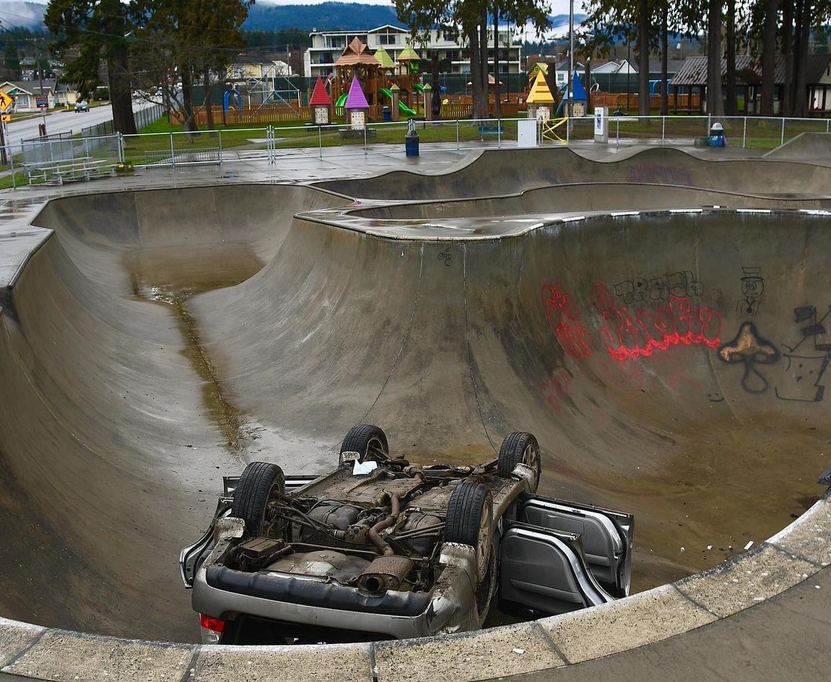 ClineNorthwest's tweet photo. Car crashed into the #portangeles SkatePark Tuesday evening. Removed Wednesday by two tow trucks. https://t.co/VrnUs7uKle