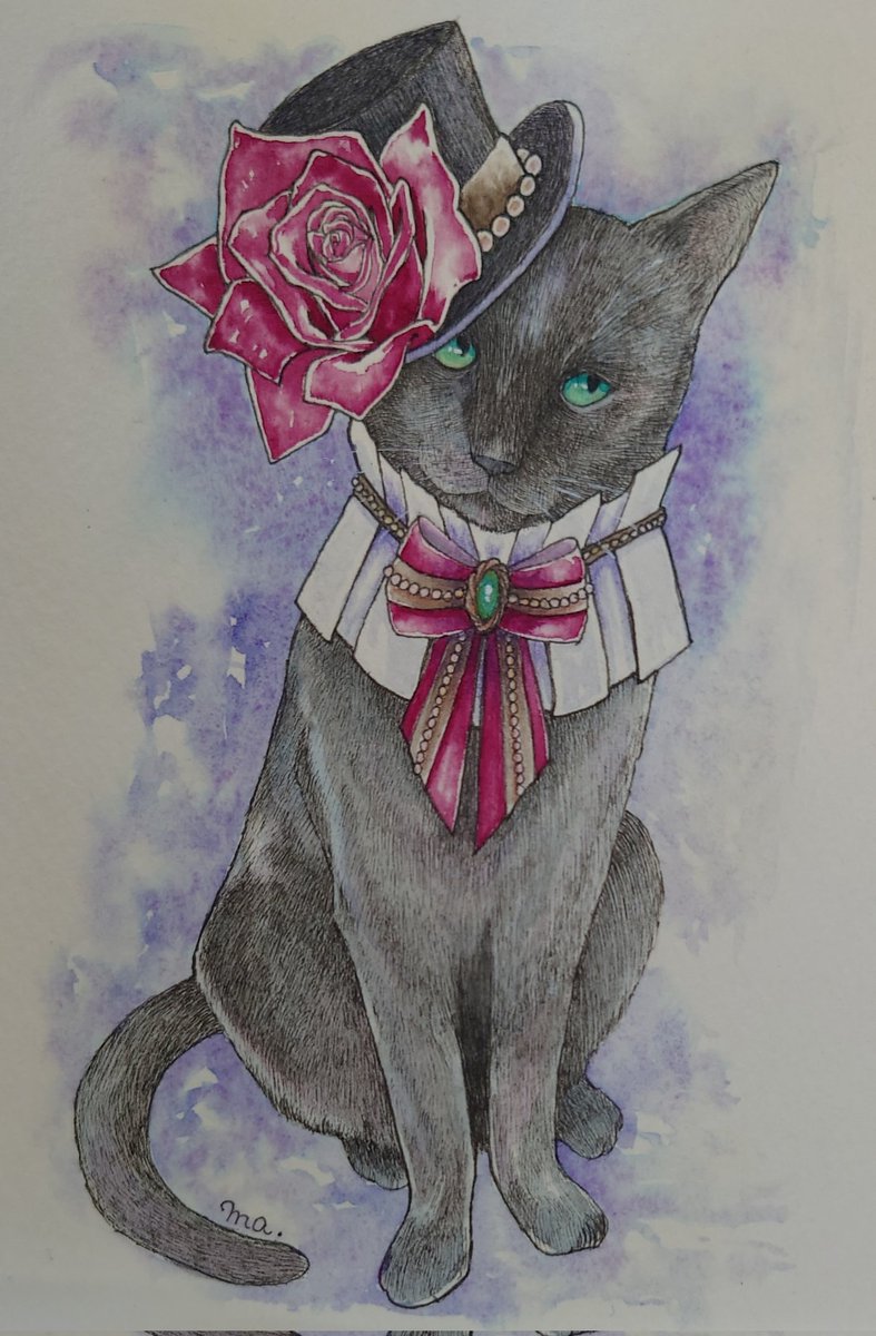 「初•黒猫さん線をゴリゴリ描いてるの楽しい。色を塗るのも楽しい。お絵描き楽しい。#」|ま。(machiko.)@妖精妖怪展・posfes.vol.2のイラスト