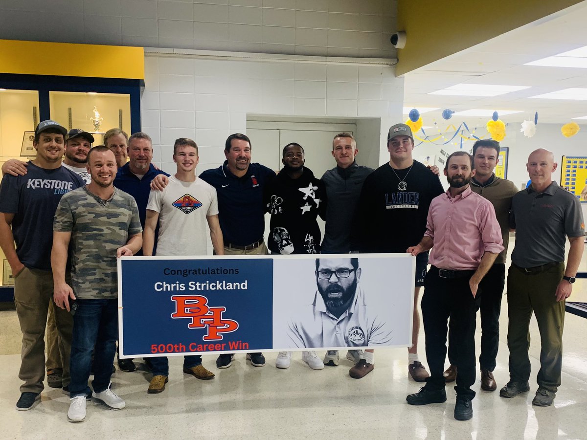 BHPflow's tweet photo. BHP Head Wrestling Coach, Chris Strickland, gets his 500th Career Win tonight! So proud of him!! @strickchris @BHP_Wrestling @BHPBearNation https://t.co/UerlfDYJVj