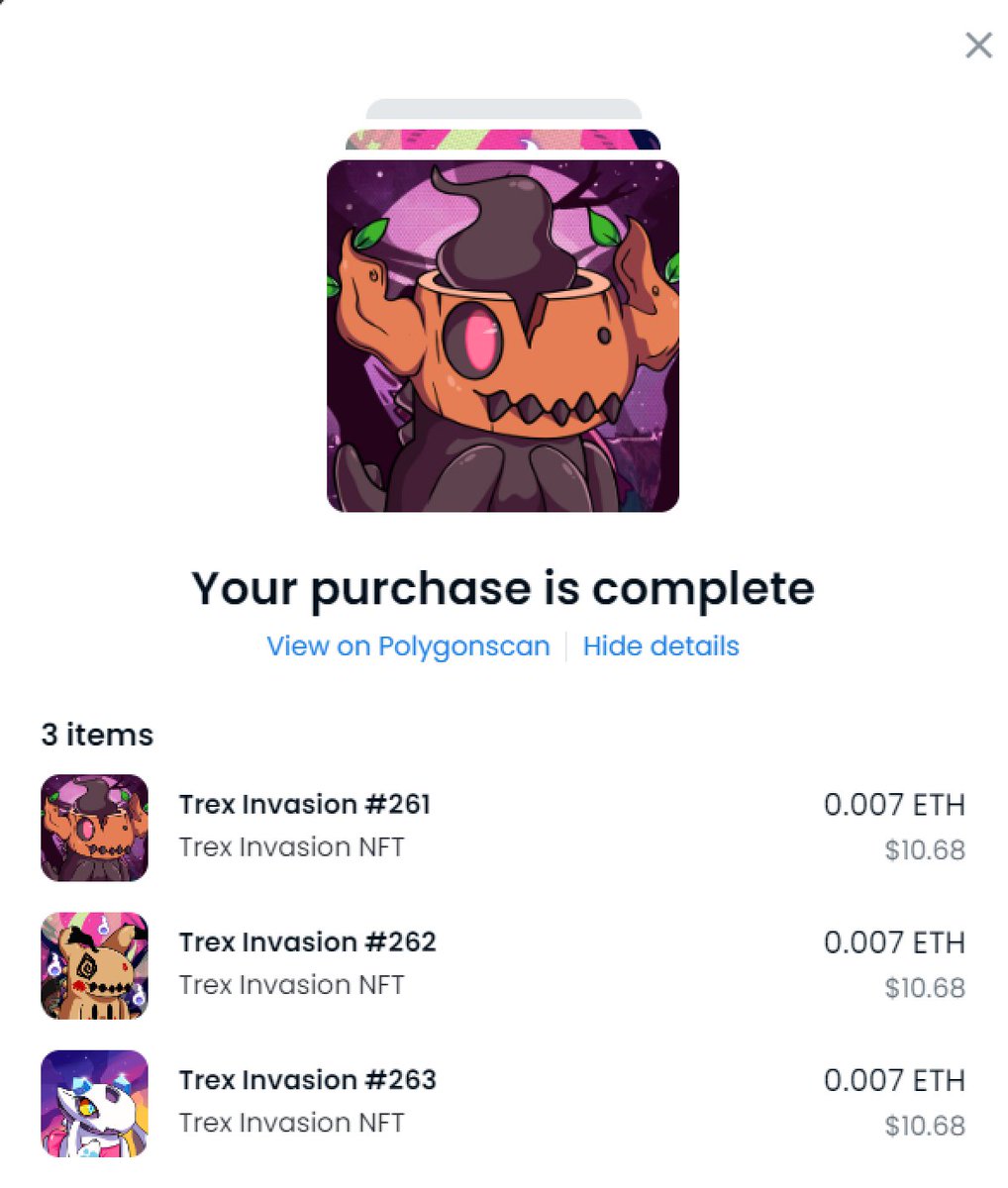 It's not a secret that I love Pokemon. The amazing @trexinvasionnft made some amazing NFTs that I could not resist! 

Phantump, Mimikyu, and Froslass inspired Trexs are now safely at home in my collection! Thank you so much friend!