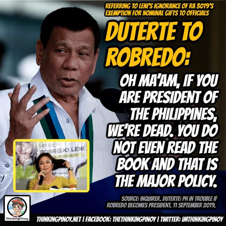 Talo ang isang Leni Robredo kasi Former president Duterte warned us. Salamat Tatay Digong, you saved us from possible misery.