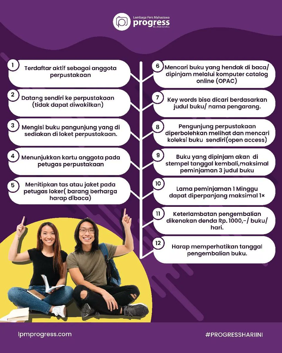 lpm_progress's tweet photo. [INFOGRAFIS]

HALO SOBAT PROGRESSIF!

Kalian tahu gak sih kalau di Unindra ada perpusatakaan yang nyaman banget loh buat ngerjain tugas. Buat yang belum tahu, nih mimin kasih tahu caranya...
Silahkan dibaca dan disimak yaa...
#Unindra
#LPMProgress
#PROGRESSHARIINI https://t.co/rJtTEdlNwB