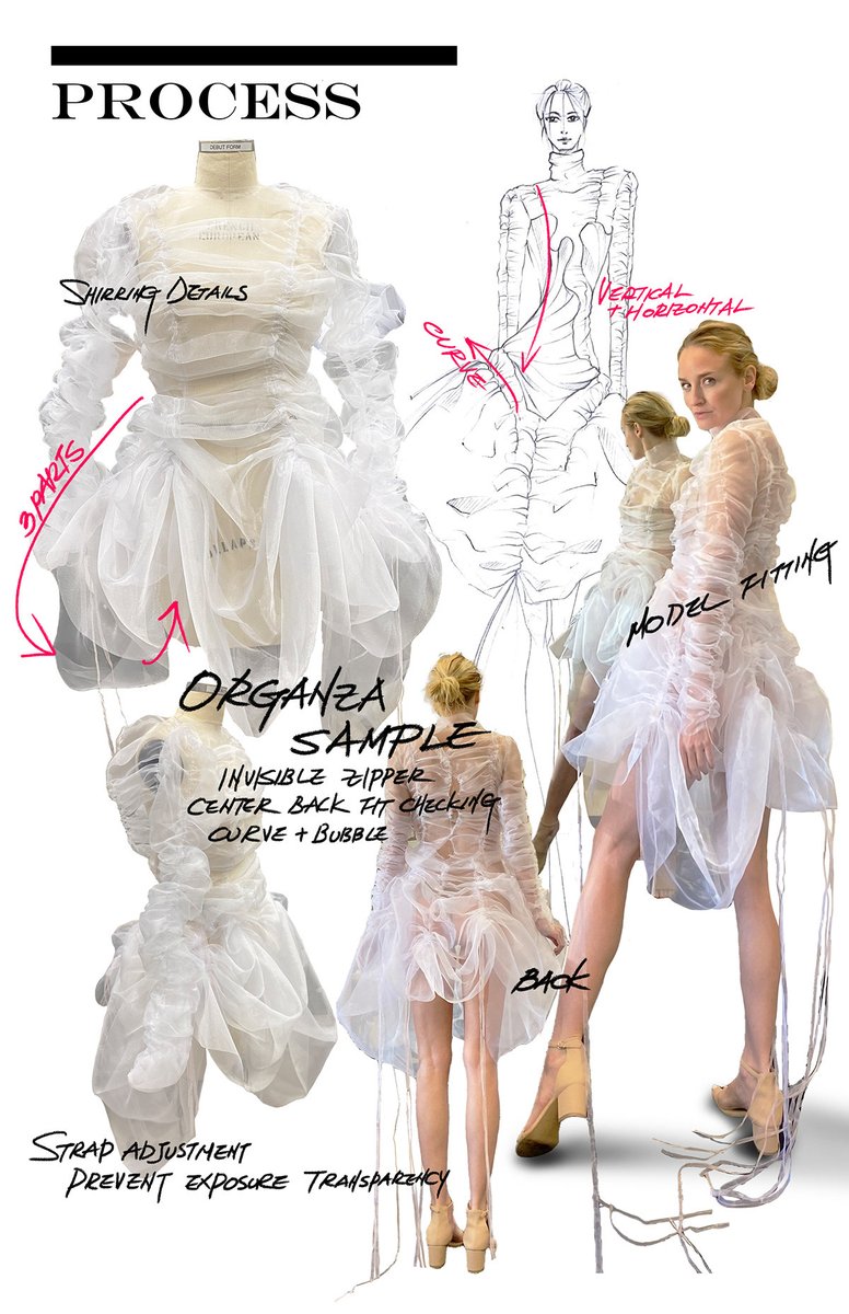 "My DEBUT 2023 collection features taffeta, organza, spandex, nylon fabric with four different colors starting as from white to yellow, pink, and blue finishing as white." - FIDM Adv. Fashion Design Student, HyeRin Lee bit.ly/3XGAsZQ