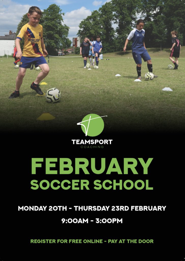 Teamsport Coaching February Soccer School ❄️⚽️

🗓️ Mon 20th Feb - Thurs 23rd Feb 2023 
📍All Hallows High School, M6 8AA
⏰ 9:00am - 3:00pm
❓Boys &amp; Girls Aged 6-14

To book your place or find out more please visit:
teamsportcoaching.com/soccer-school #halfterm #HalfTermFun #February2023