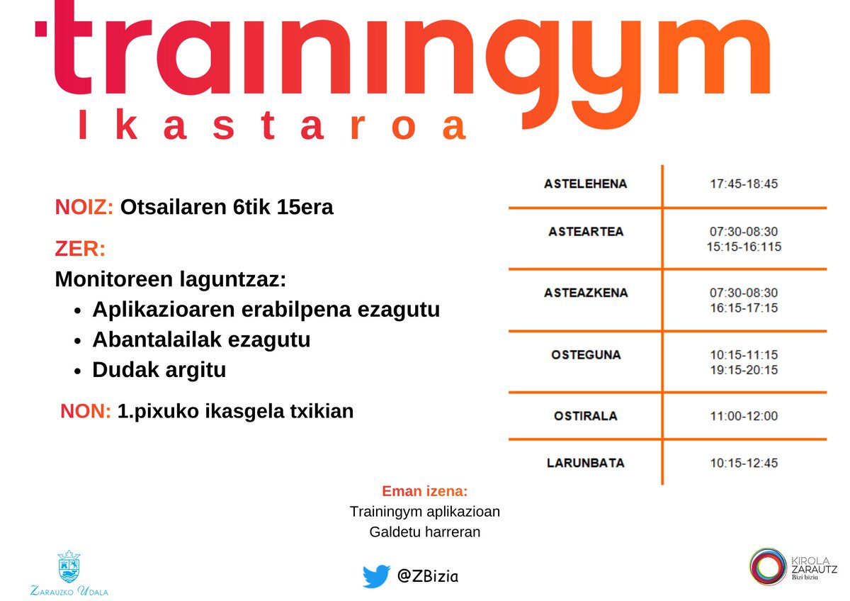 ZBizia's tweet photo. 📲Trainingym aplikazioaren erabileraren inguruko ikastaroak antolatu ditugu.
📅Otsailaren 6tik 15era
⏰Ordutegi desberdinetan
📝Izena eman:
📍Aritzbataldeko harreran
📱Trainingym aplikazioan
#Trainingym #Aritzbatalde #Zarautz #Bizibizia #GuprestZu https://t.co/RCePQHVSdj