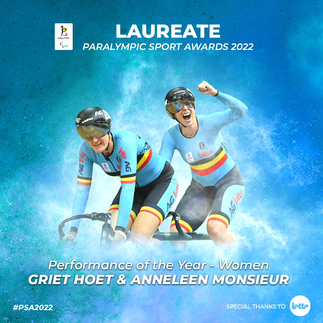 BEParalympics's tweet image. Tandem ladies Griet Hoet and Anneleen Monsieur claimed the “Performance of the year 2022 – Women Award” 💪 Their two world titles in track cycling 🌈 🌈 made the difference. What a way to end their wonderful career 😍 
#PSA2022 
@sporza @RTBFsport @GsportVl @avstelevisie